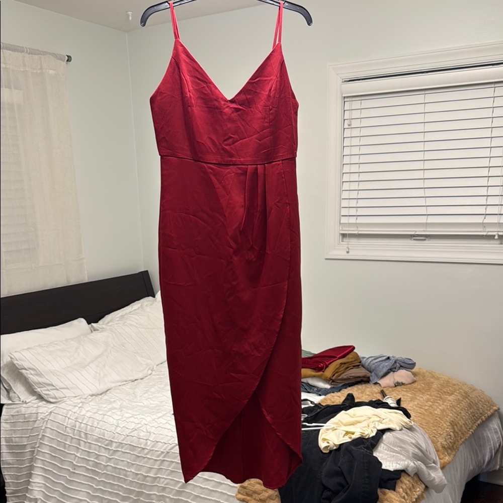 Red Ruched Sheath Midi Dress with Spaghetti Straps